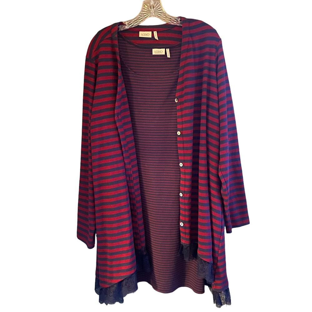 LOGO LORI GOLDSTEIN Cardigan & Tank Set Tunic Length Striped Button Down
